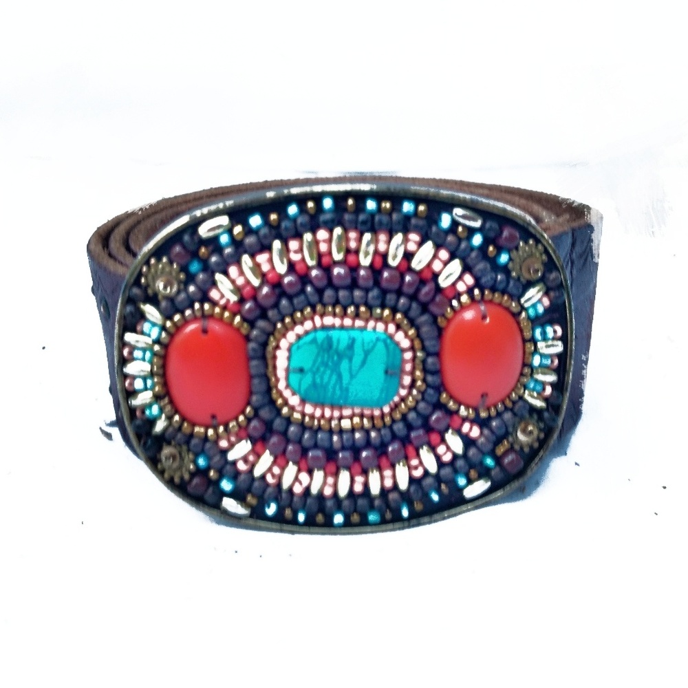 Lucky Brand Bohemian Turquoise & Coral Buckle on Brown Belt